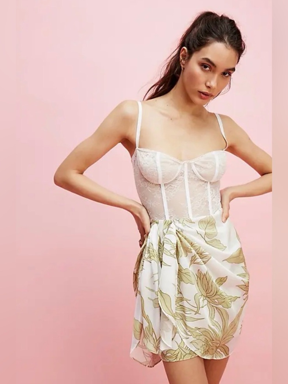 White Lace Corset Bodysuit with Floral Wrap Skirt